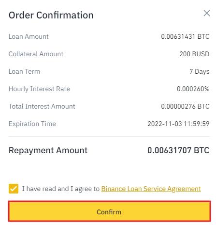 order confirmation windows on Binance Loans
