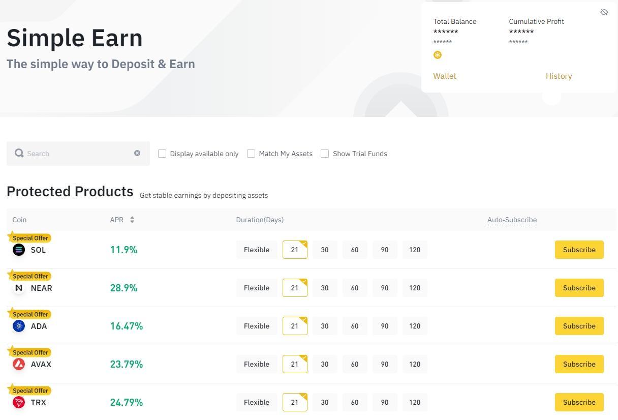A screenshot of the Binance Simlpe Earn dashboard