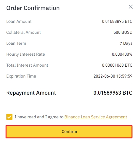 Binance Loans confirmation popup