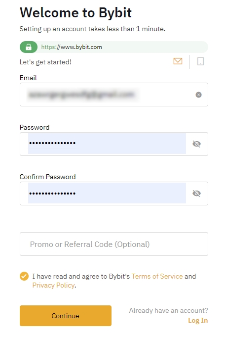Bybit's registration page