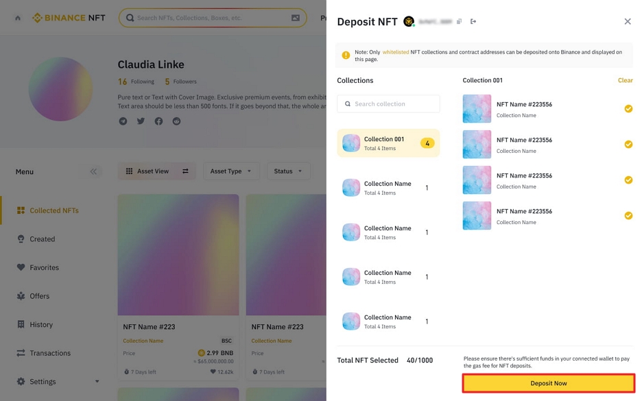 How to deposit NFTs to the Binance NFT marketplace