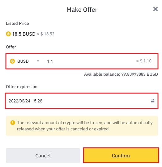 Binance NFT - Make Offer enter purchase amount and expiration date fields