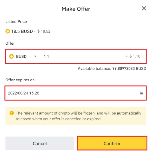 Binance NFT - Faire une offre, entrez le montant de l'achat et les champs de date d'expiration