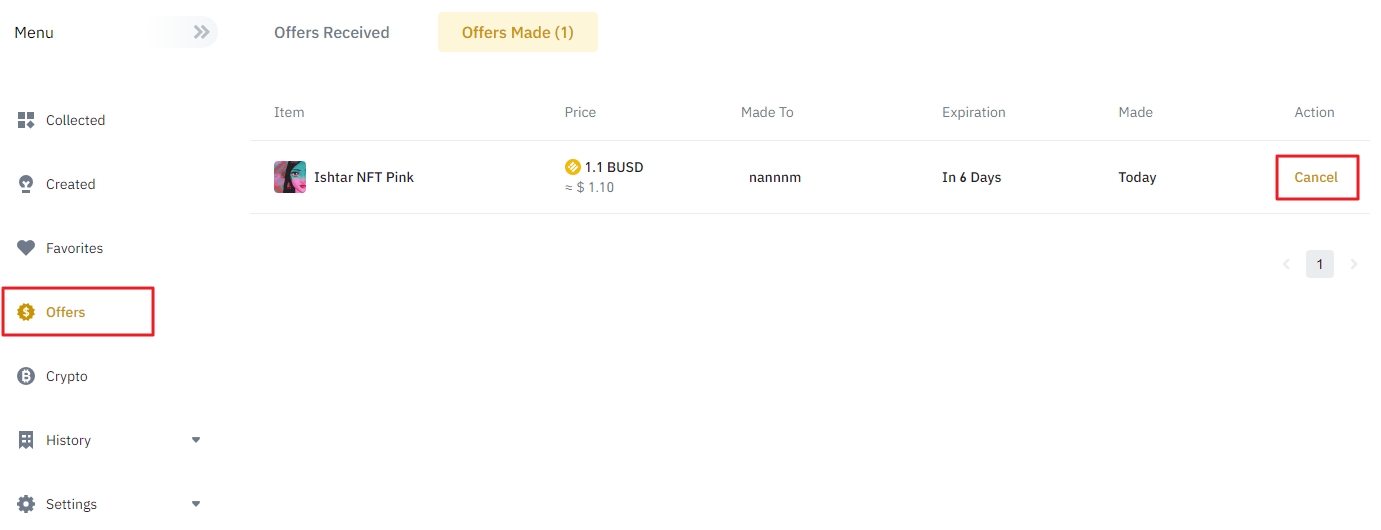 Binance NFT - Make Offer management