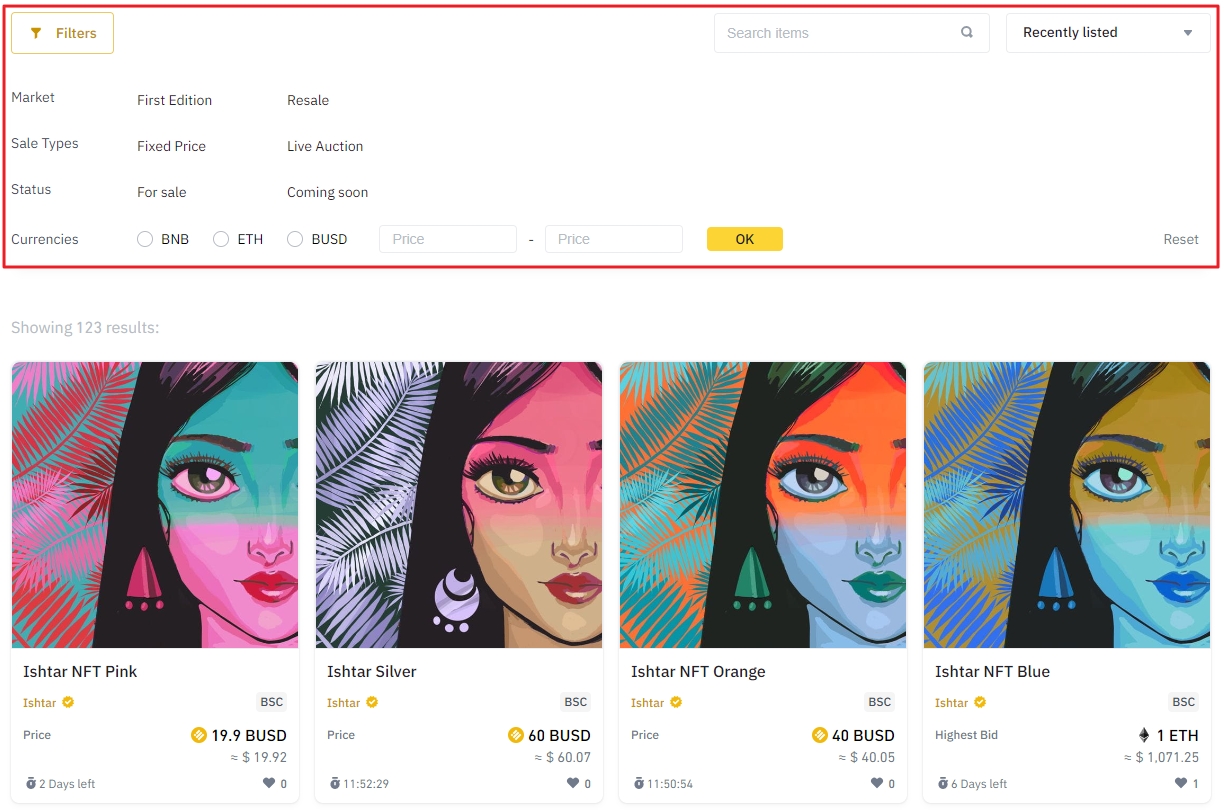 Binance NFT collection-specific filters panel
