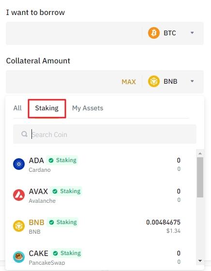 Choosing stakeable collateral assets on Binance Loans