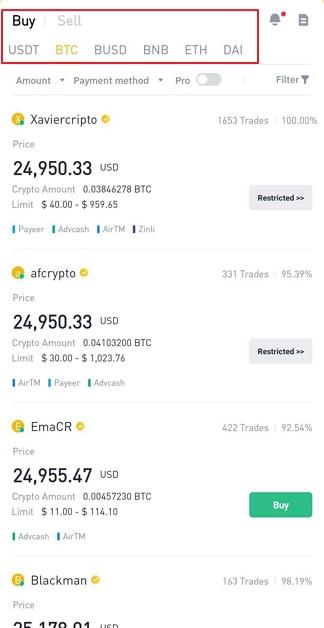 switch between different cryptos and buy and sell orders on Binance P2P