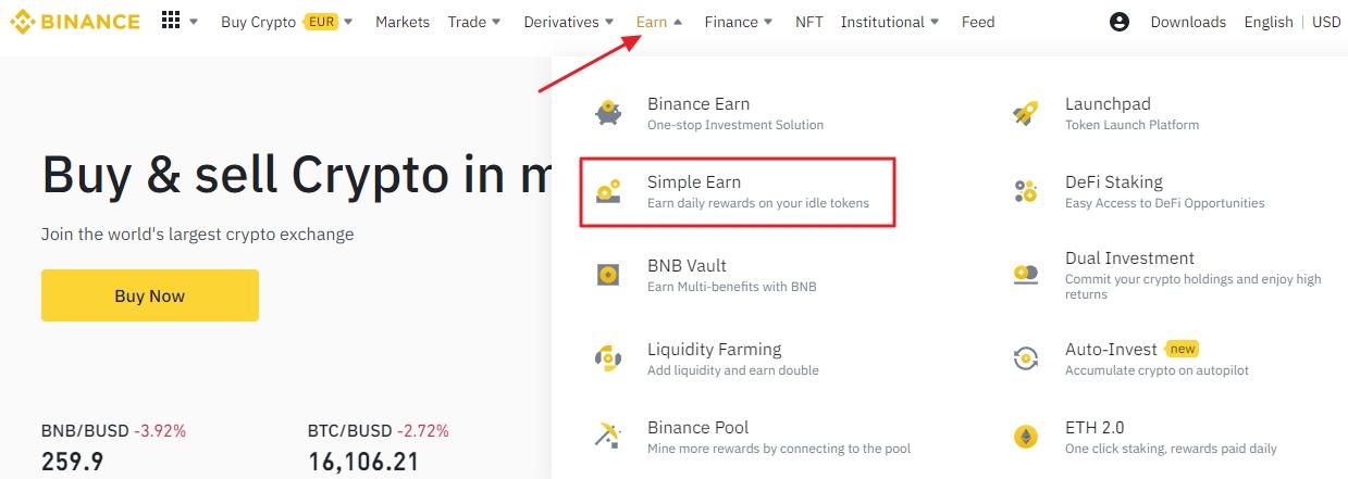 Binance Simple Earn option highlighted on the Binance homepage