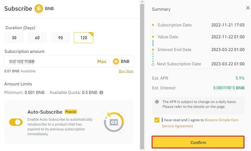 Subscribing to a Binance Simple Earn plan