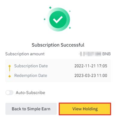 Popup de confirmation d'abonnement à Binacne Simple Earn