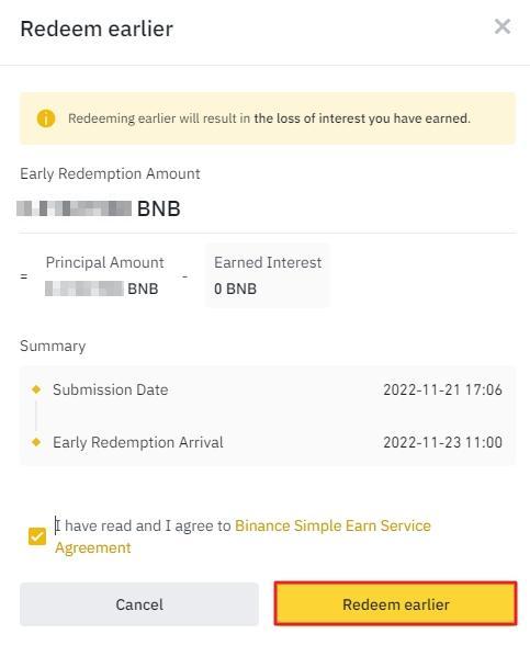 Fenêtre contextuelle de rachat anticipé de Binance Simple Earn