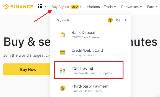 Log in to Binance and open the P2P platform