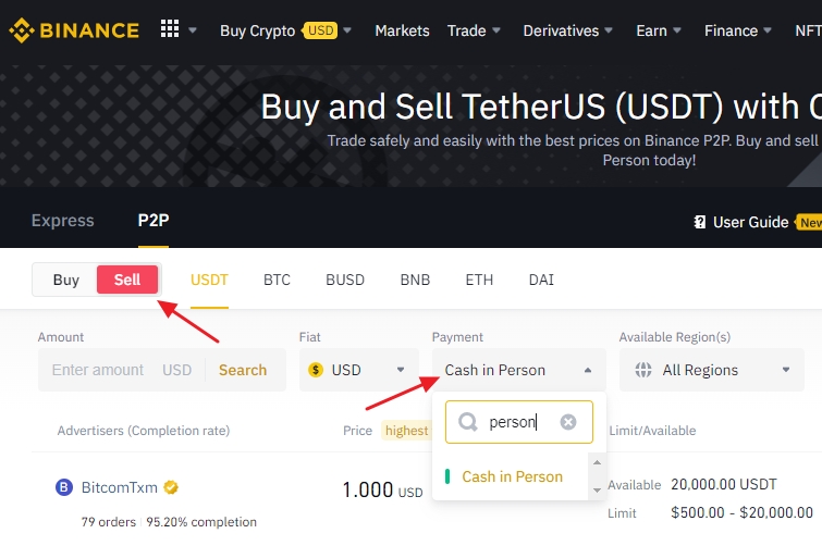 Find crypto buyers and select the “Cash in Person” payment method