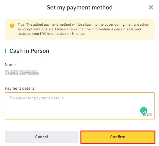 Set your Binance P2P payment method