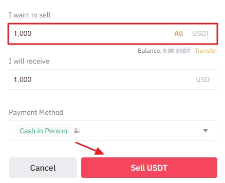 Enter the amount of crypto you want to sell and select the payment method on Binance P2P