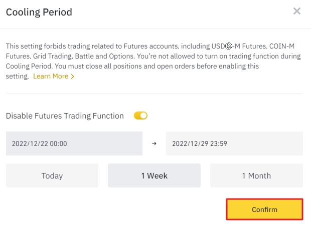 How to turn on Colling-Off Period on Binance 
