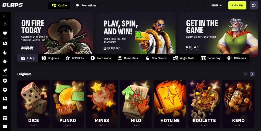 Claps casino homepage