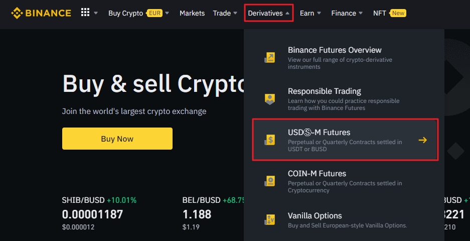 Binance homepage with USD-M Futures section highlighted in red