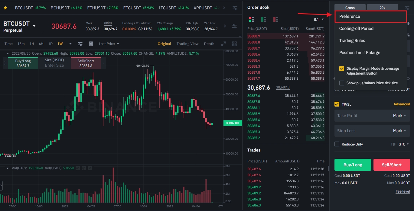 Binance Futures Preference button highlighted in red on the trading view page