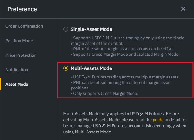 Binance Futures Preference menu with Multi-Assets Mode highlighted in red