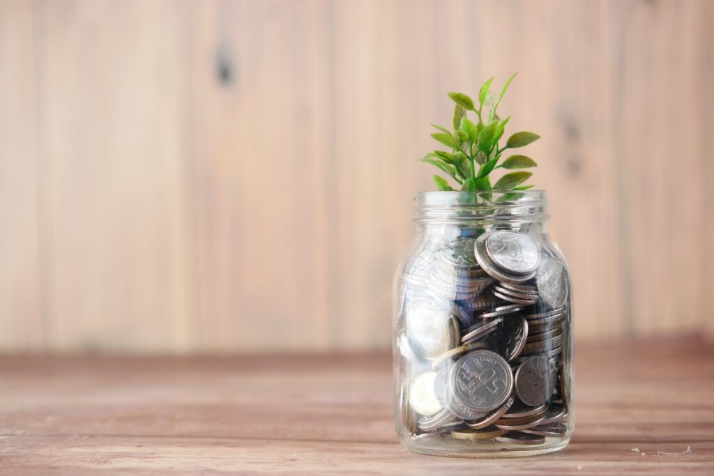 A plant growing out of a jar of coins