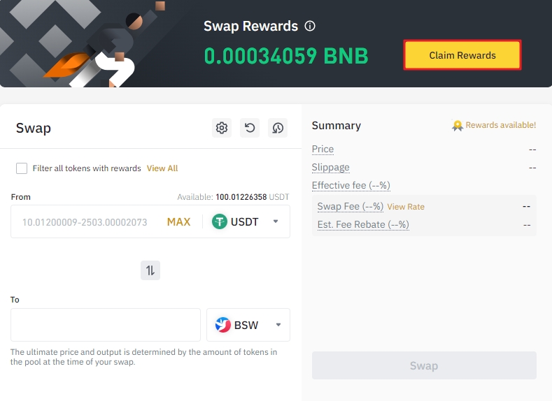 Claiming Swap Rewards using Binance Swap Farming