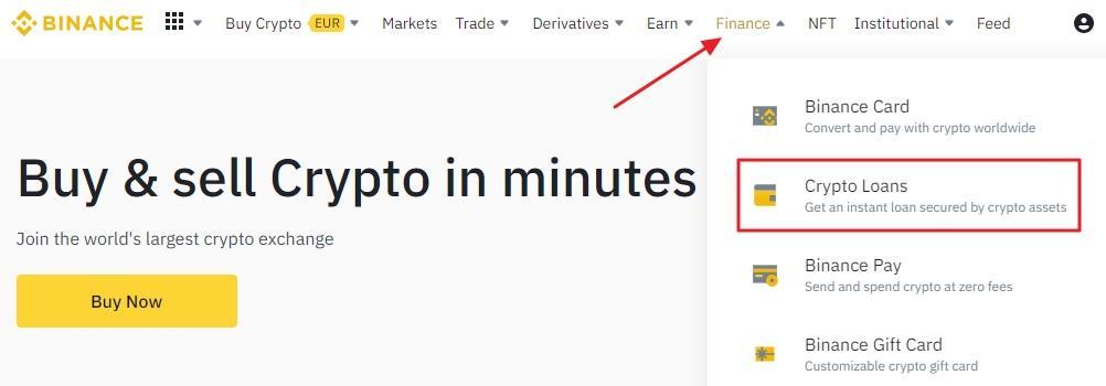a Binance homescreen schreenshot showcasing where to find Binance Crypto Loans