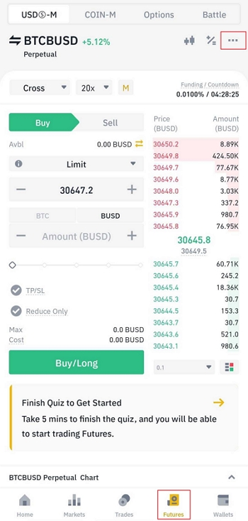 Binance Futures trading view with preference button highlighted in red