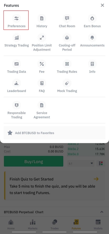 Binance Futures preference button highlighted in red