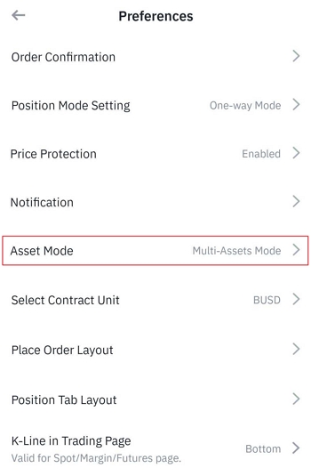 Binance Futures Preferences menu with Assets Mode highlighted in red