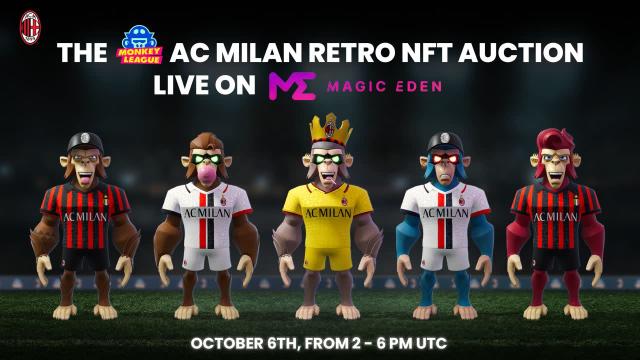 The next step in the strategic partnership between MonkeyLeague with AC Milan, the 19-time and reigning champions of Italian Serie A, will be the first release of AC Milan's MonkeyPlayer NFT assets to be auctioned on 6 October 2022 at Magic Eden. NFTs will be available at Magic Eden on October 6th from 2 PM to 6 PM UTC with a 4-hour auction event.