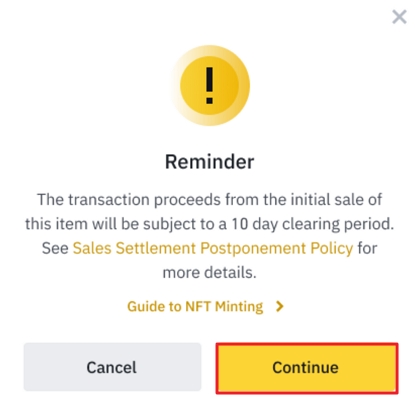 Binance NFT Marketplace confirmation dialog