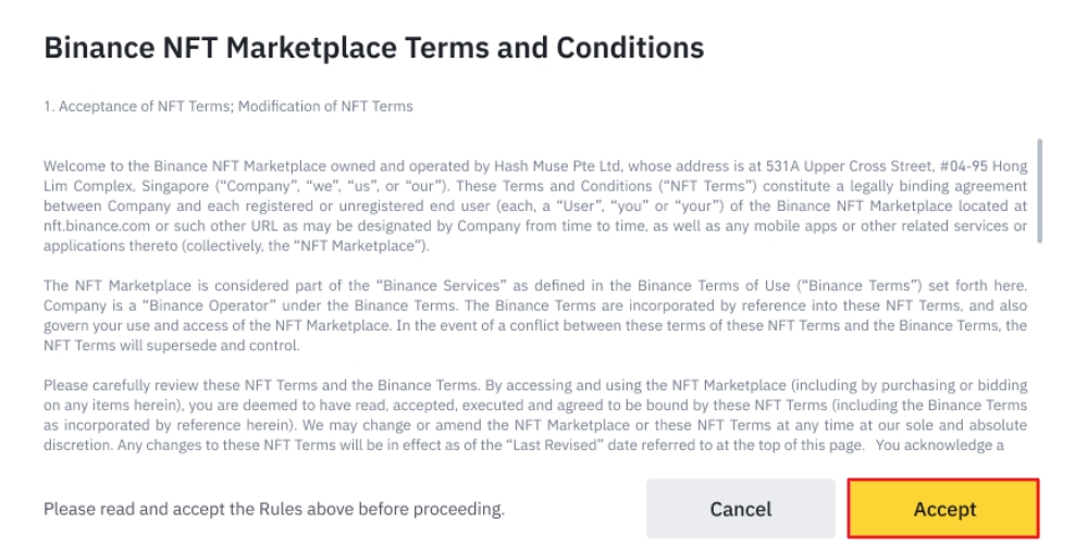 Binance NFT Marketplace terms and conditions
