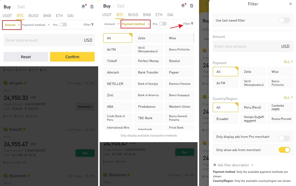 Binance P2P filters on mobile