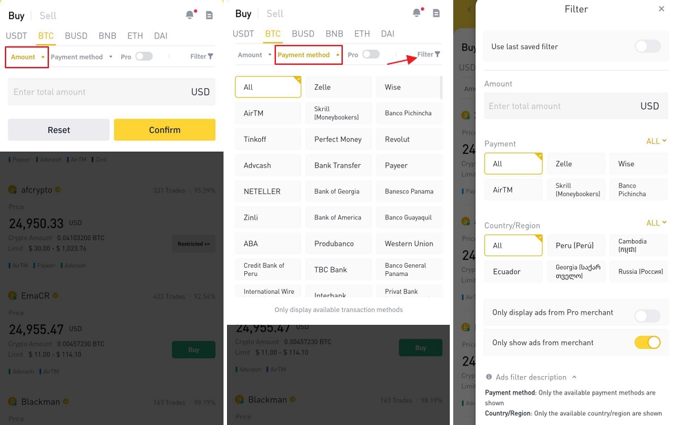 Filtres Binance P2P sur mobile