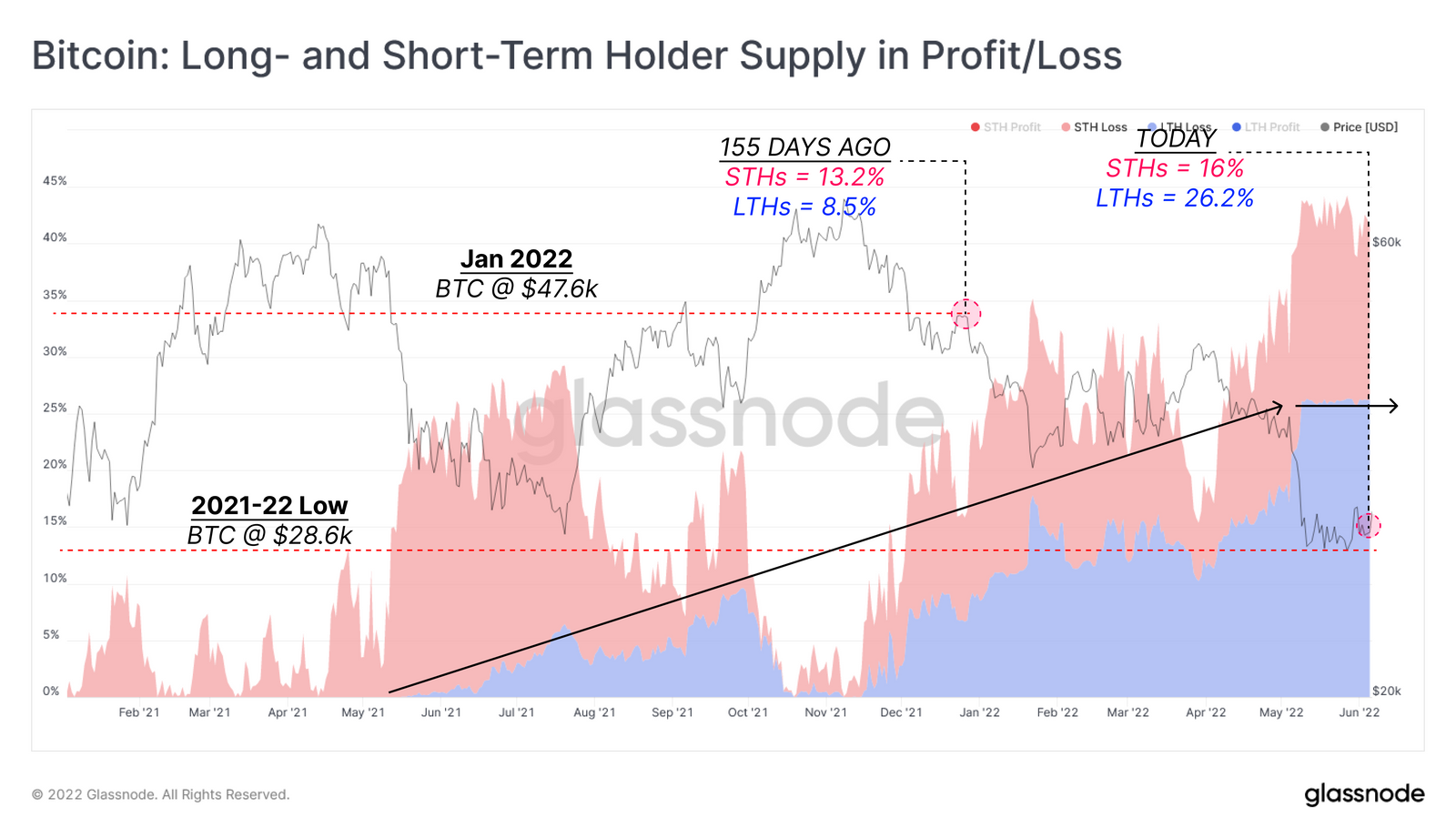 Glassnode's Bitcoin Long and Short-Term Holder Supply in Profit/Loss