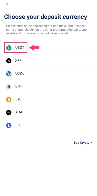 Choose crypto to transfer from Coinbase to BTCC