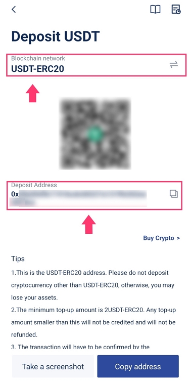 Copy USDT blockchain address from BTCC