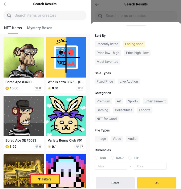 Using filter on Binance NFT mobile app