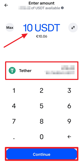 Entering amount of USDT to transfer from Coinbase to BTCC