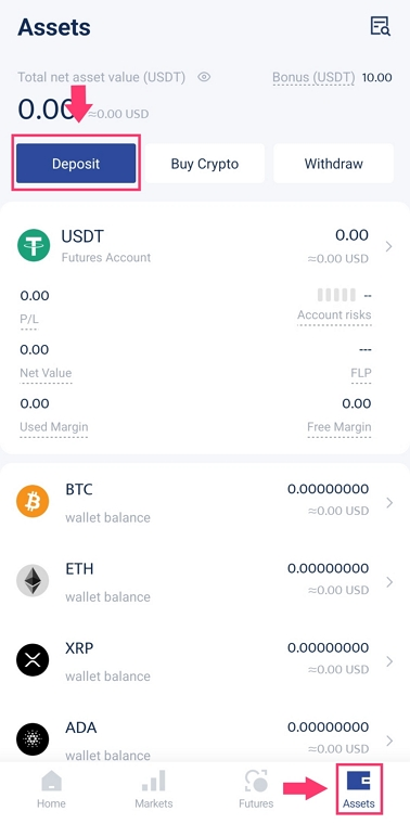 BTCC crypto exchange app home screen 