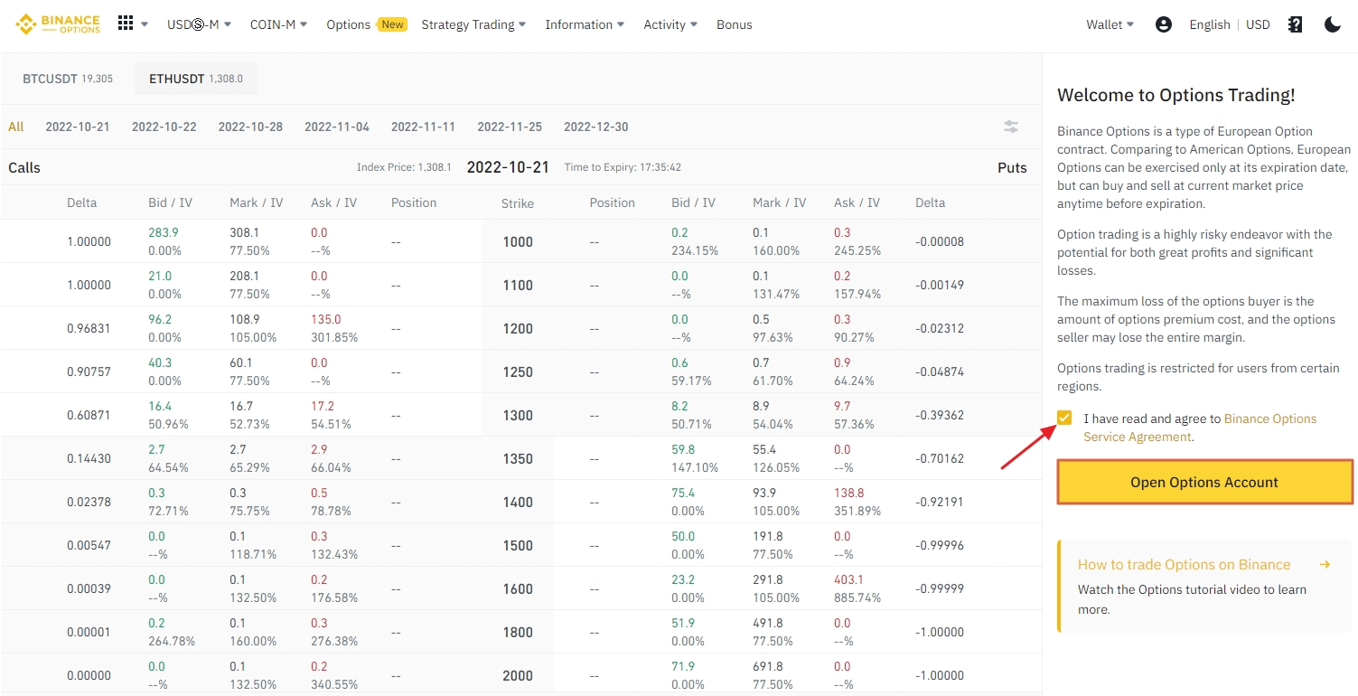 Ouvrir le compte Binance Options