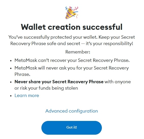 metamask wallet succesfuly created