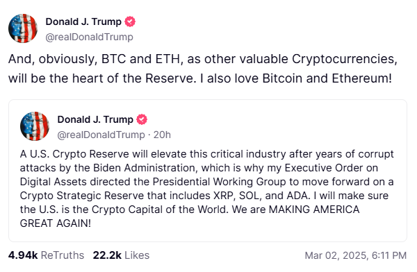 Donald Trump post about crypto reserves on Truth Social