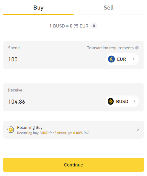 Buy BUSD with EUR on Binance with credit card