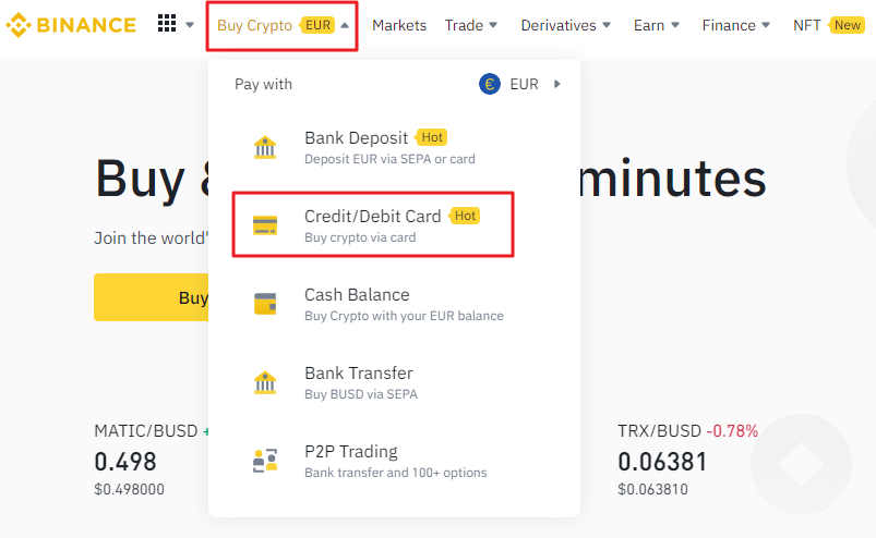 Binance homepage with Credit/Debit Card option highlighted
