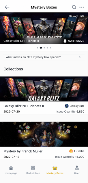 Binance NFT Mistery Boxes on mobile