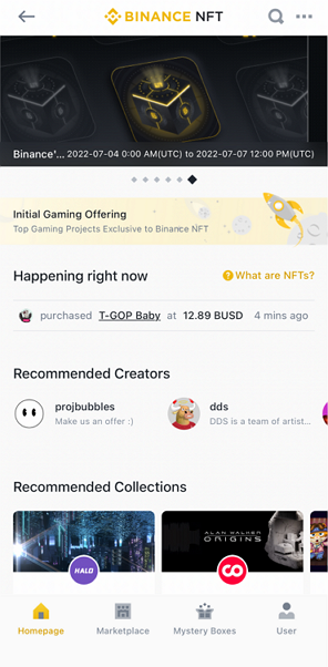 Binance NFT homepage on mobile