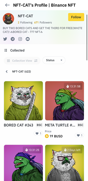 Filtering NFT collections on Binance NFT on mobile