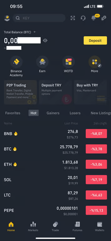 Binance app homescreen